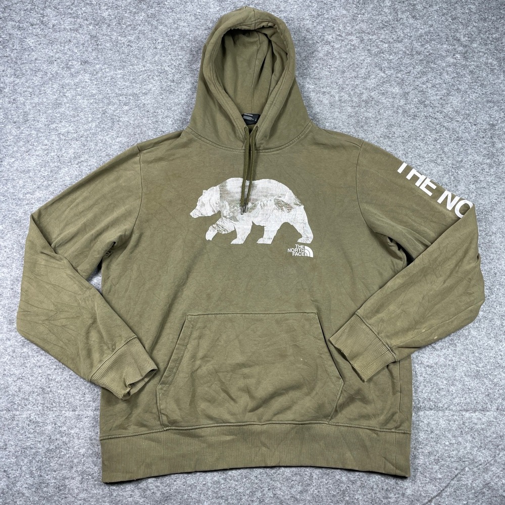 The North Face Hoodie Mens L Green Grizzly Bear Mountain Print Sleeve Pullover